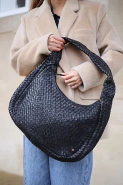 Elegant håndflettet skuldertaske - Black big