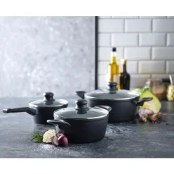 Grydesæt - 3 stk med glaslåg - Aluminium/keramisk belægning