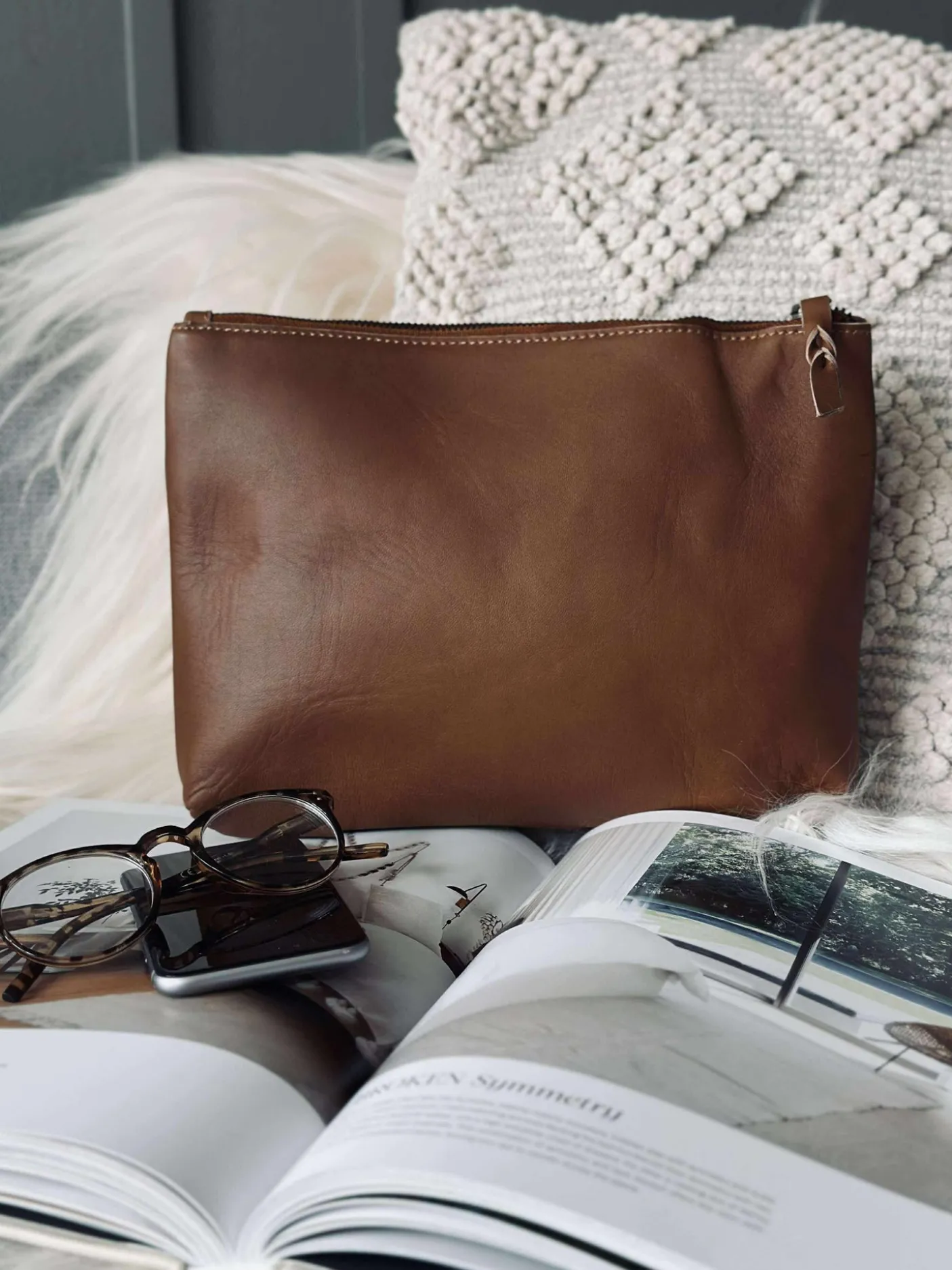 Kosmetikpung / Clutch - Cognac leather