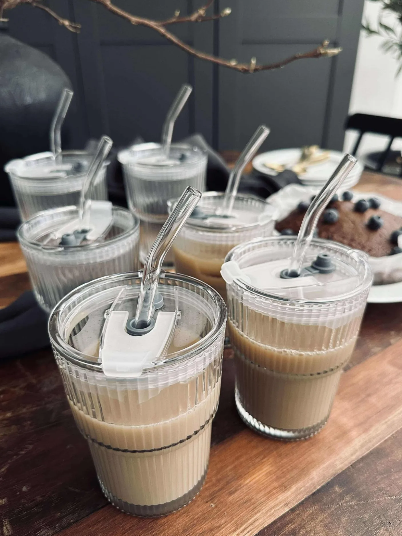 Latteglas med låg og sugerør - 6 stk