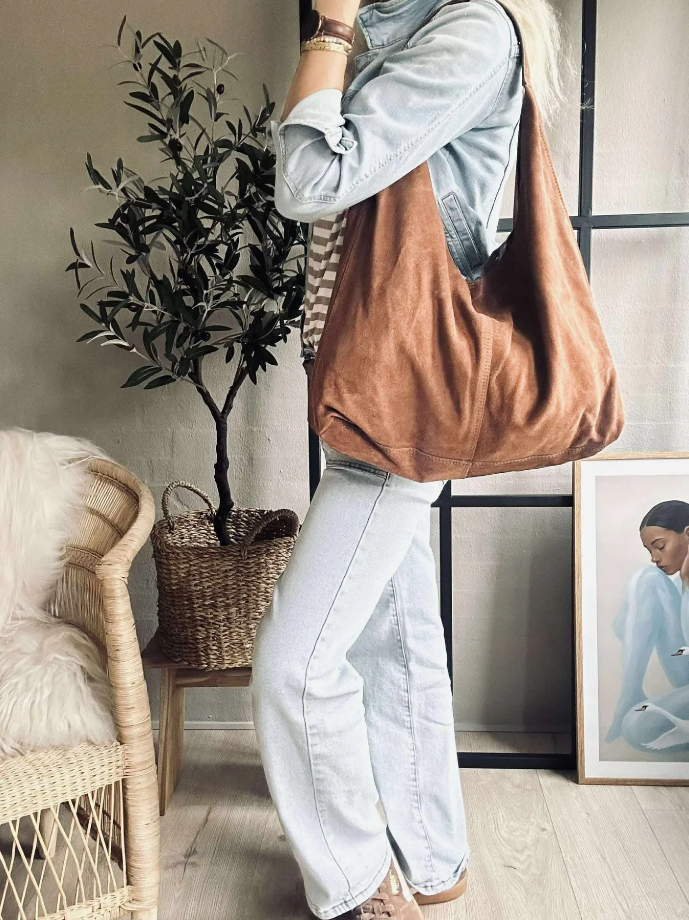 Shopper i blødt ruskind - Cognac